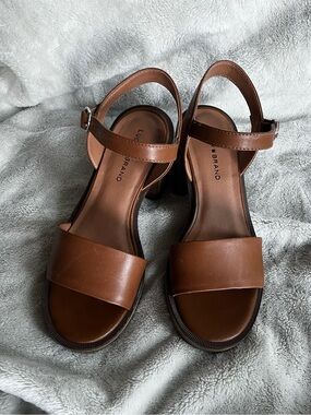 Women's Cognac Leather Sandals - Casual Strappy Heels